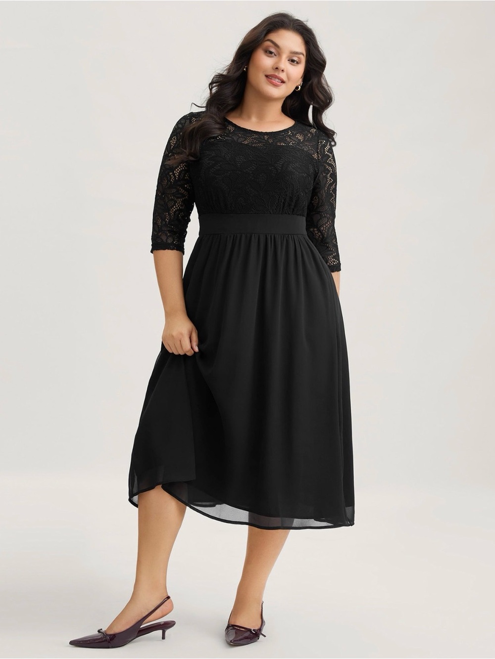 BloomChic Black Lace Midi Dress with Three-Quarter Sleeves